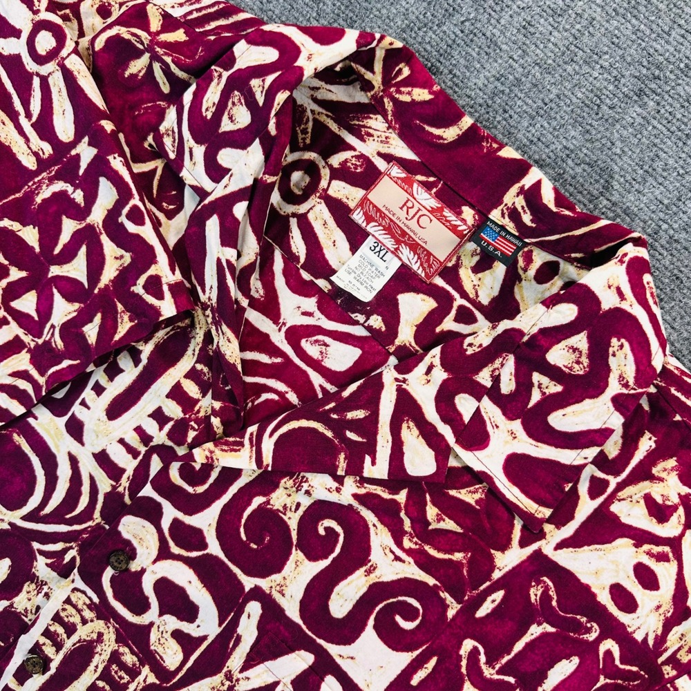RJC Men's 3XL Hawaiian Shirt Maroon Aztec Tribal Block Print Cotton Made in USA